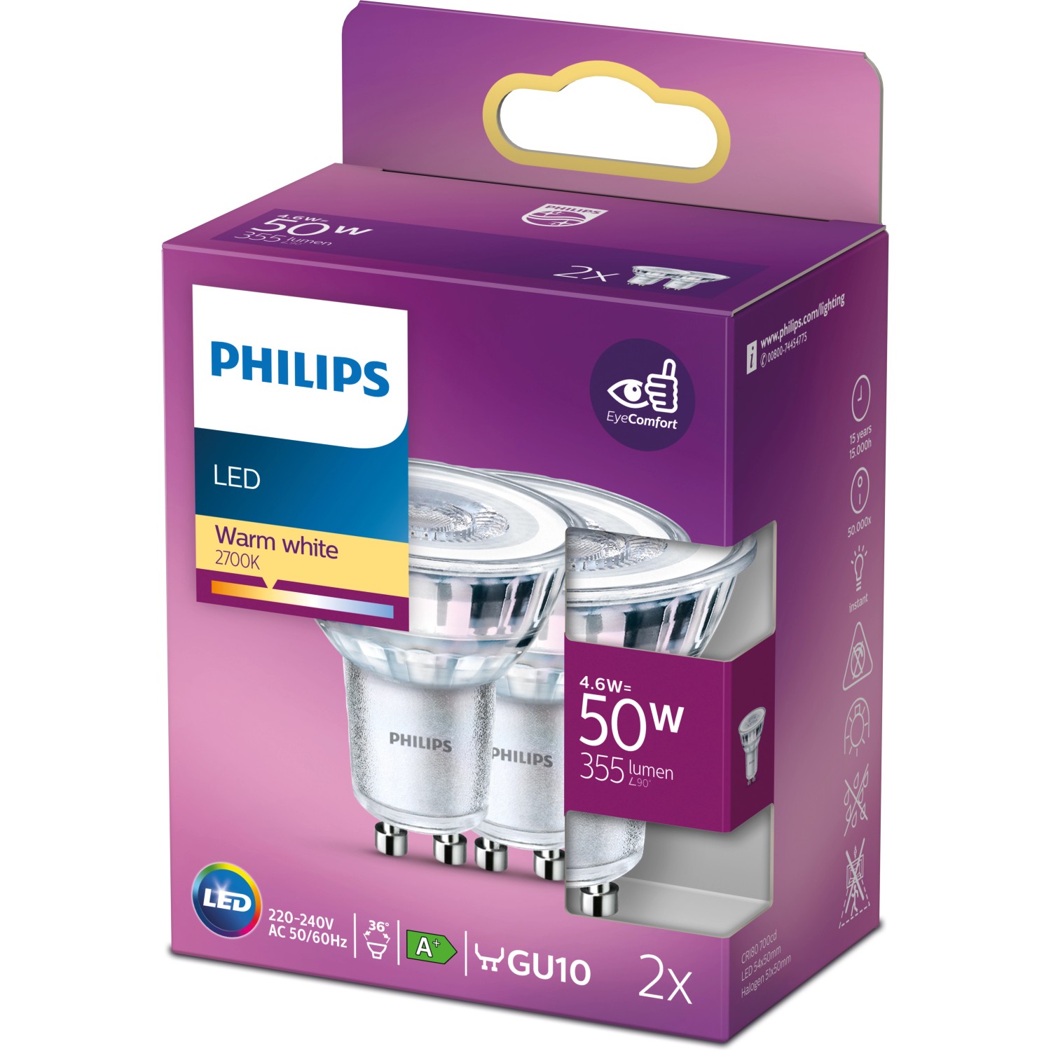 Philips GU10 LED-Leuchtmittel 4,6W, 2er-Set in Verpackung. Warmweißes Licht für Wohnräume.