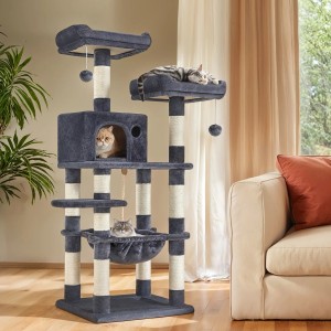 Grauer Feandrea Kratzbaum (143 cm) mit Liegeflächen, Höhle und Katzen.