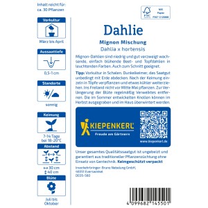Kiepenkerl Dahlie Mignon-Mischung Samenpackung mit Infos zu Aussaat und Pflege.