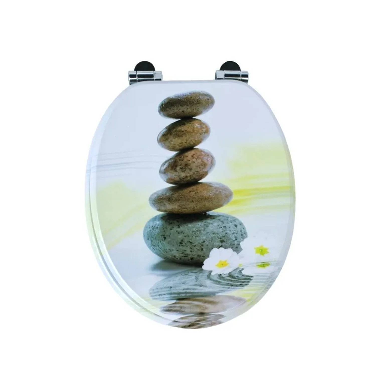 Sinobath WC-Sitz mit Absenk-Automatik, Steinstapel-Motiv und weißen Blüten auf Wasseroberfläche. Robuster Toilettensitz.