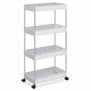 Weißes Songmics Küchenregal mit 4 Ebenen und Rollen. Praktischer Servierwagen für Küche und Bad.