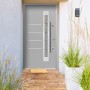 Graue Splendoor Sicherheits-Haustür Berlin Prime RC2 mit Glasausschnitt und Edelstahlgriff.