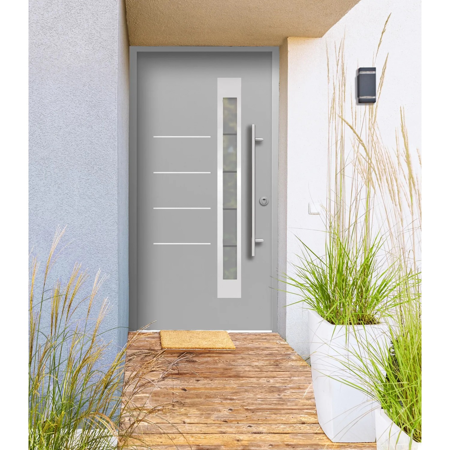 Graue Splendoor Sicherheits-Haustür Berlin Prime RC2 mit Glasausschnitt und Edelstahlgriff.