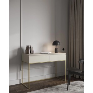 Selsey Bemmi Schminktisch in Greige mit zwei Schubladen und goldenen Metallbeinen.