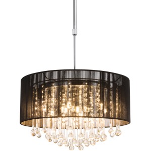 Globo LED-Pendelleuchte BAGANA Chrom mit schwarzem Schirm und Glaskristallen.