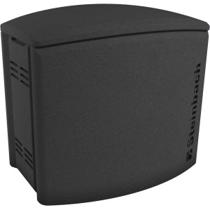 Schwarze Steinbach Pool Technikbox für Pooltechnik und Zubehör im Garten.