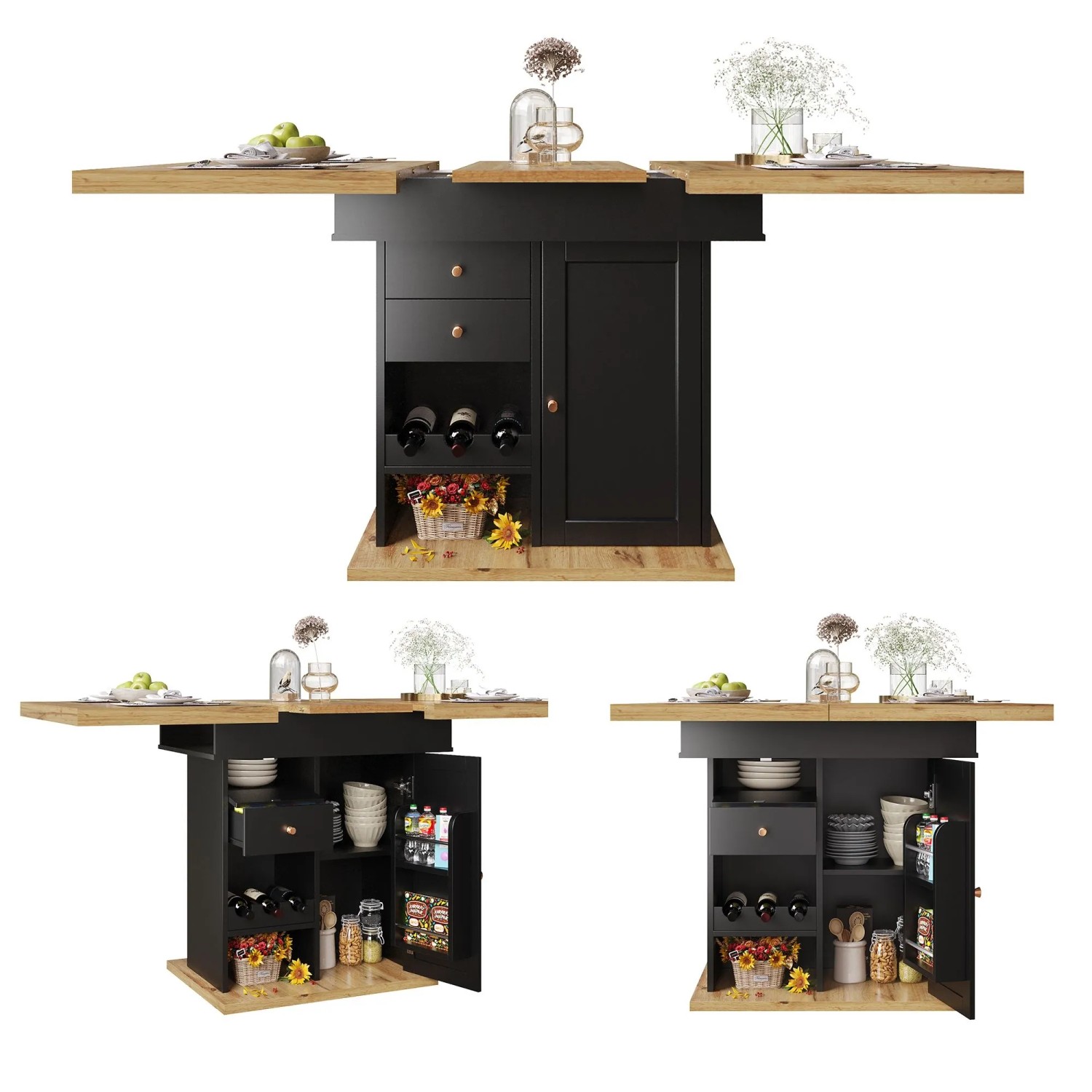 Schwarzer ausziehbarer Esstisch mit Holzplatte, integriertem Weinregal, Schubladen und Stauraum. Flexibler Klapptisch für Küche & Esszimmer.