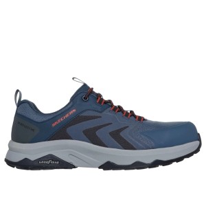 Dunkelblauer Skechers Speed-Flex Trekker S3S Arbeitsschuh mit Carbon-Schutzkappe und rutschhemmender Goodyear-Sohle.