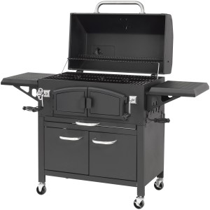 Schwarzer El Fuego Holzkohlegrill Grand Ontario mit Ablagen, Thermometer und Unterschrank.