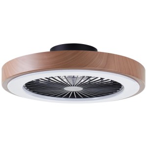 LED-Deckenleuchte Slimline mit Ventilator, schwarz und Holzfarben, Durchmesser 49 cm.