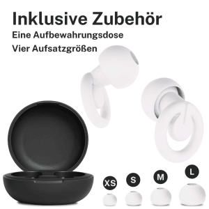 Weiße CUXCES Ohrstöpsel mit schwarzer Aufbewahrungsdose und vier Silikon-Aufsatzgrößen (XS-L) für Gehörschutz.