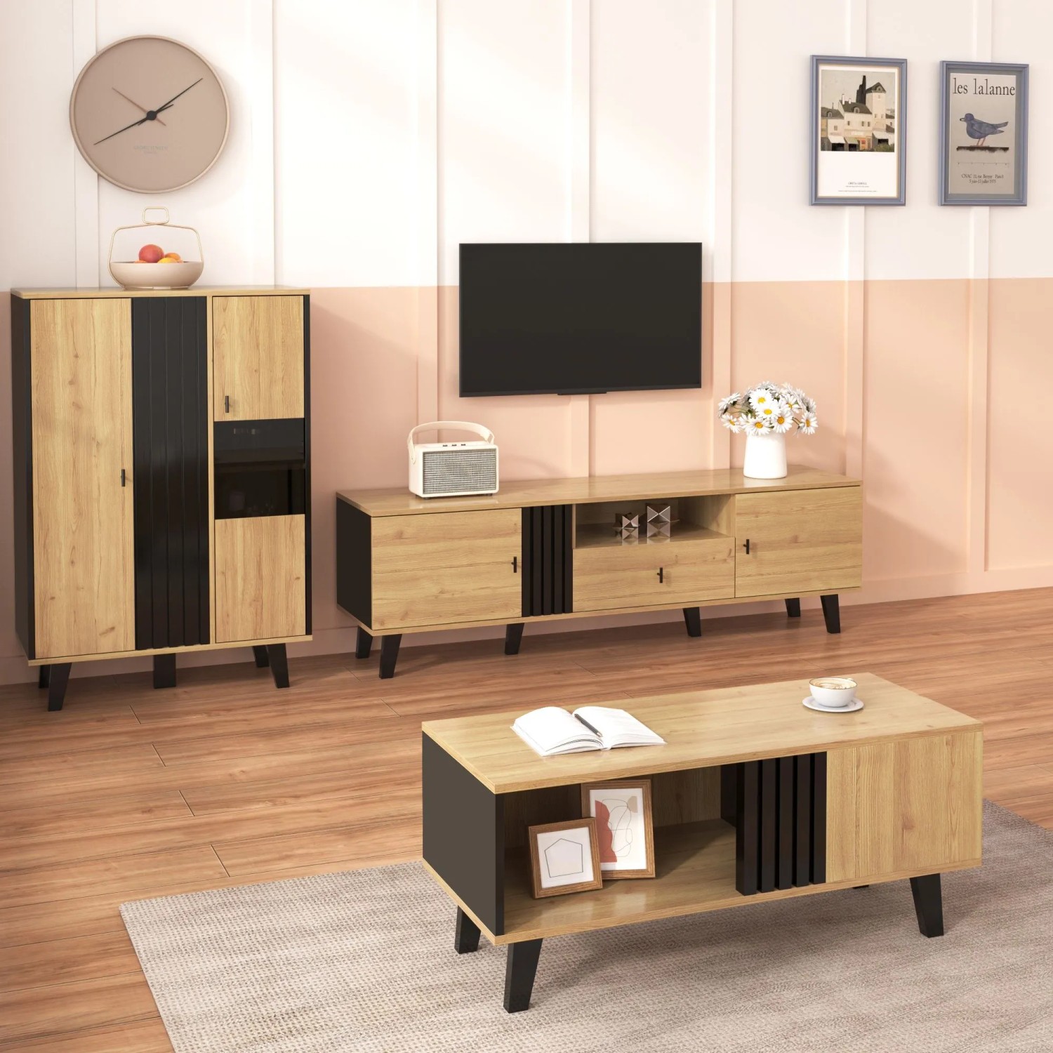 okwish TV Schrank mit Schubladen Stauraum Holzdesign 170x40x50.5cm Natur Schwarz_4