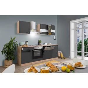 Respekta Küchenzeile KB220ESG in Grau und Eiche Sägerau mit E-Geräten und Spüle.