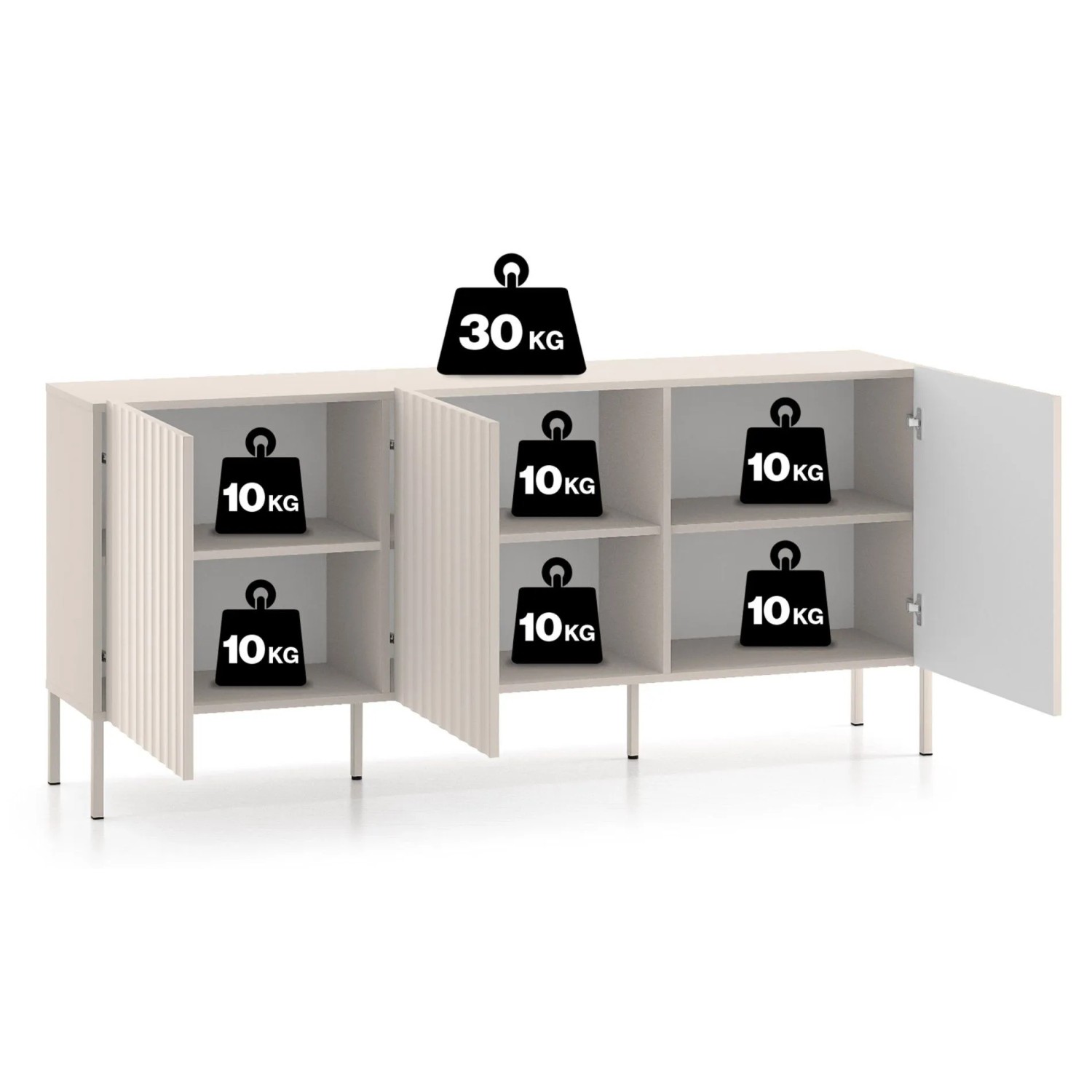 Selsey Sideboard Derriva 170 cm, Kaschmir, gerillte Fronten. Offene Türen zeigen 6 Fächer (10kg Traglast), 30kg oben.