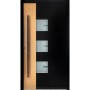 Moderne Haustür in Bicolor: Schwarz und Eiche Natur mit Glaseinsätzen und langem Griff.