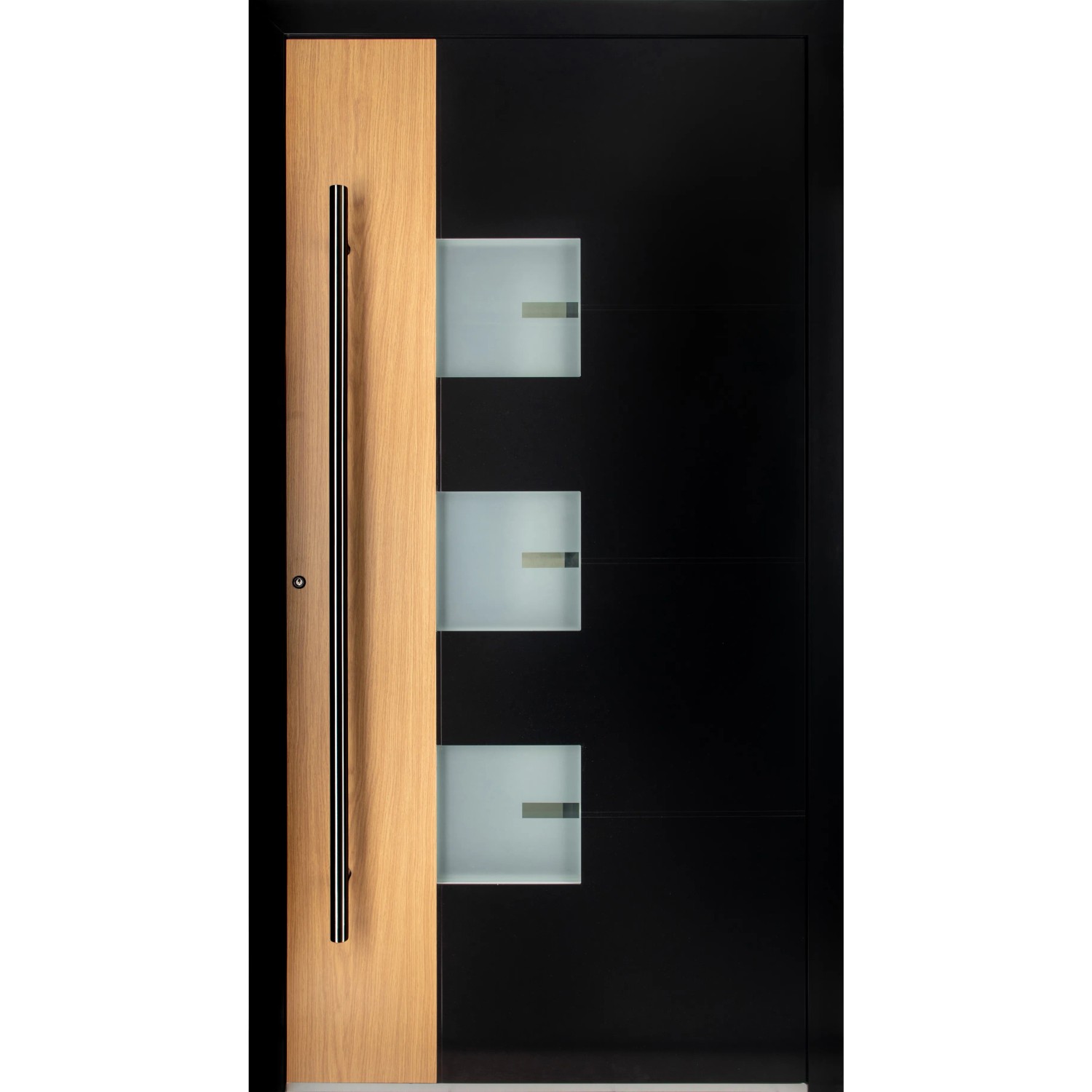 Moderne Haustür in Bicolor: Schwarz und Eiche Natur mit Glaseinsätzen und langem Griff.
