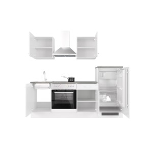 Flex-Well Küchenzeile Lucca, 220 cm, Weiß matt/Caledonia Dekor, mit E-Geräten und Spüle.