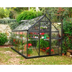 Palram Canopia Gewächshaus, 5,7 m², grau, mit Pflanzen und Fundamentrahmen im Garten.