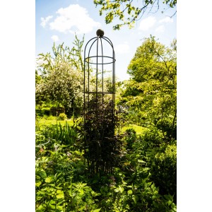 Eleo Obelisk Messina Groß, unbeschichtet, im Garten. Rankhilfe aus Schmiedeeisen für Kletterpflanzen.