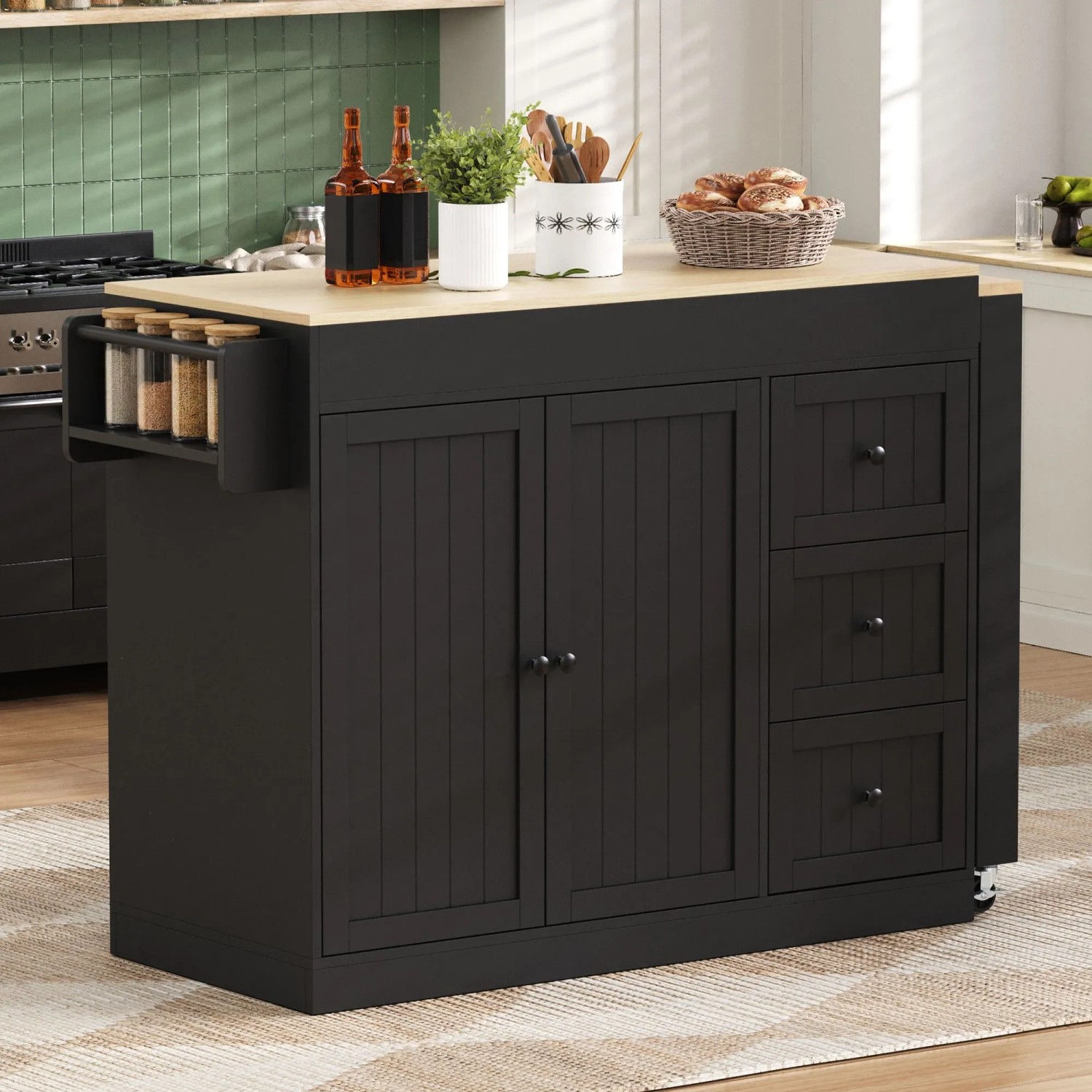 okwish Kücheninsel mit Rollen Schubladen Ausziehbarer Essbereich 112-186.8x45x93cm Schwarz_2