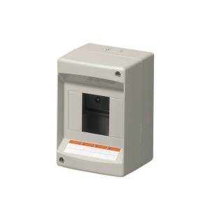 Grauer Aufputzverteiler für 4-polige Geräte, ohne Tür, Schutzart IP40.