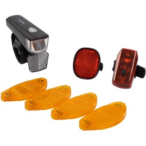 Fischer Fahrrad-Aufrüstset LED 7-tlg: schwarzes Frontlicht, rotes Rücklicht, Reflektor, 4 orange Speichenstrahler.