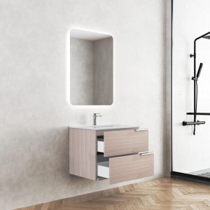Modernes Badmöbel-Set 60 cm Holzoptik Beige mit Waschtisch, offenem Unterschrank und LED-Spiegel.