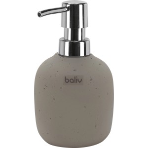 Grauer baliv Seifenspender im Used-Look mit silberfarbenem Pumpkopf. Badaccessoire für Flüssigseife.