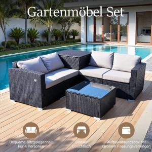 HOMAVO Gartenlounge Set für 4 Personen aus schwarzem Rattan mit hellgrauen Kissen, Couchtisch & Aufbewahrungsbox.