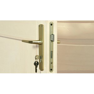 Detailaufnahme: Türbeschlag mit Schlüssel für Weka Gartenhaus Brescia.