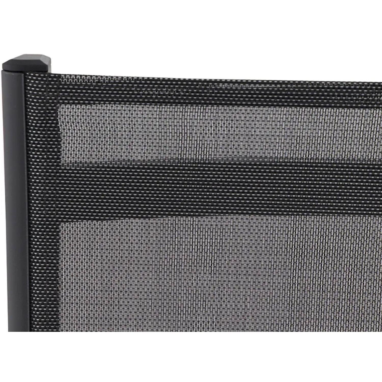 Detailaufnahme: Anthrazitfarbener Siena Garden Stapelsessel Tesoro mit Ranotex-Gewebe.