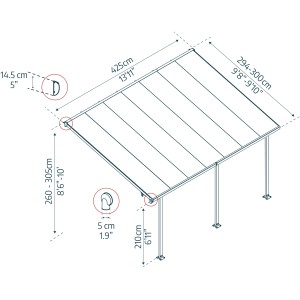 Technische Zeichnung: Palram Canopia Terrassenüberdachung Feria Weiß 3x4.25 mit Maßangaben.