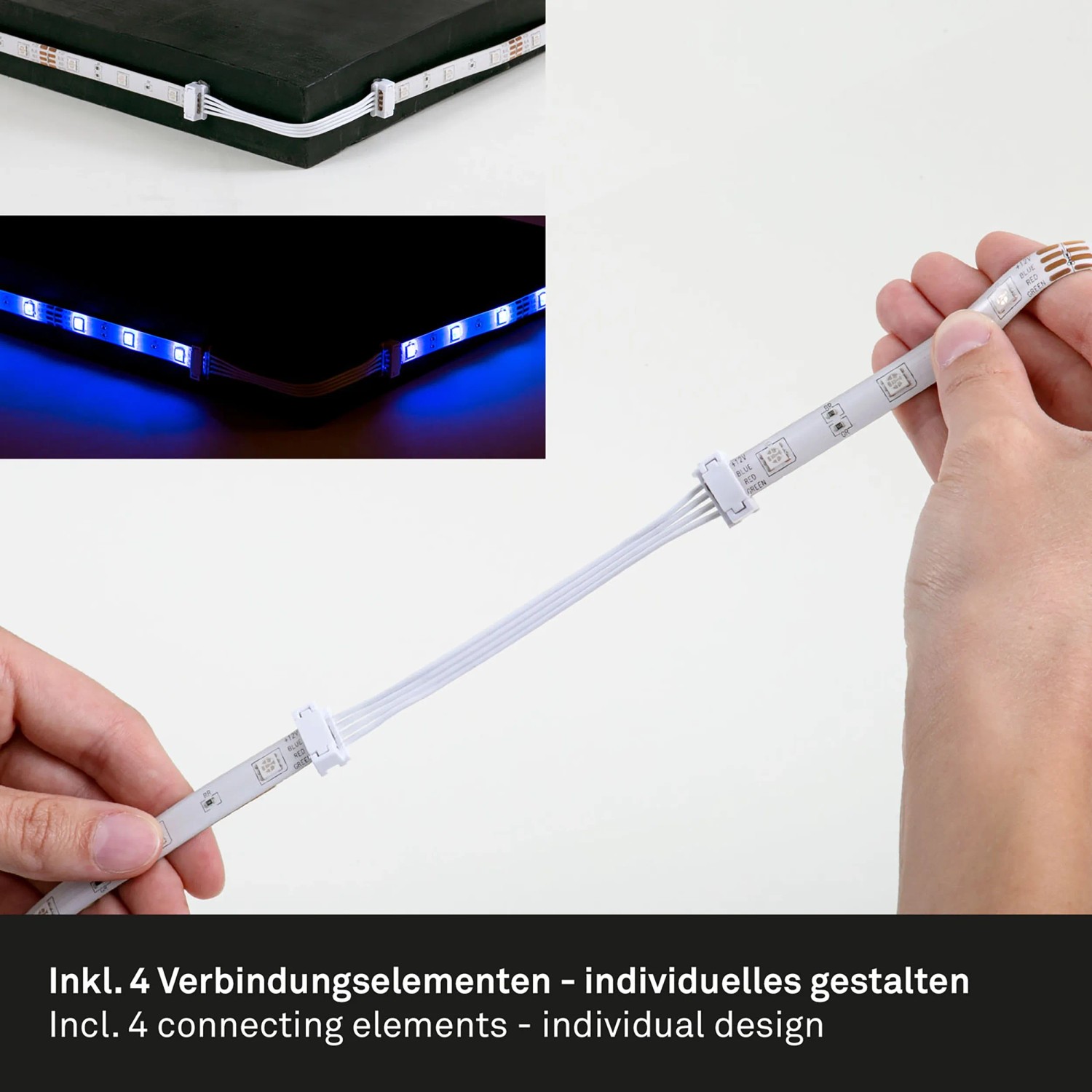 Flexibler, mehrfarbiger LED Streifen (5m) mit Verbindern, selbstklebend.