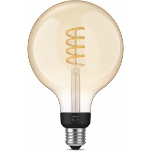 Philips Hue White Ambiance Filament E27 G125 LED-Lampe im Vintage-Look mit warmweißem Licht.