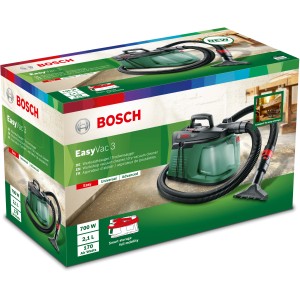 Verpackung des Bosch EasyVac 3 Trockensaugers, ein kompakter Nass- und Trockensauger für Heimwerker.