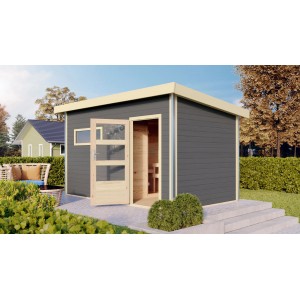 Terragraues Karibu Saunahaus Hendrik 3 mit geöffneter Tür und Bänken im Garten.