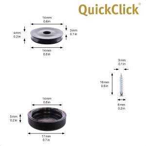 Wagner QuickClick Möbelgleiter Set, 12-teilig, schwarz-grau, mit Schrauben und Maßangaben.