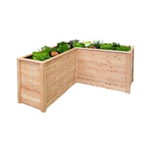 Westmann Holz-Eckhochbeet Klassik L, naturbelassenes Lärchenholz, bepflanzt mit Gemüse.