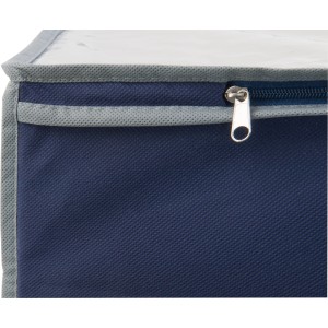 Detailaufnahme: Blaue Unterbettkommode aus Vliesstoff mit Reißverschluss und Sichtfenster.