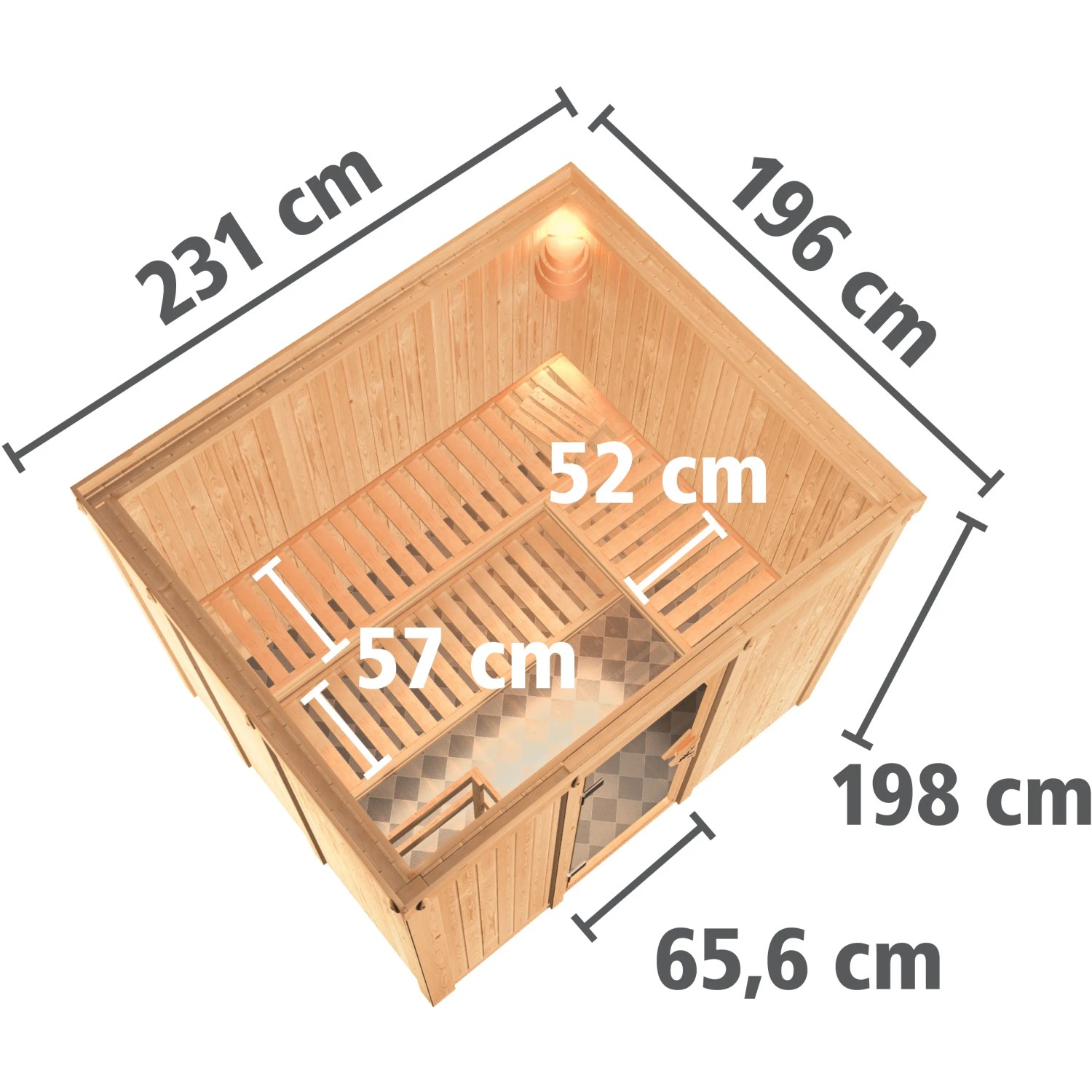 Karibu Sauna Gunda: Elementsauna mit Ofen, Bänken und Glas-Tür. Draufsicht mit Maßen.