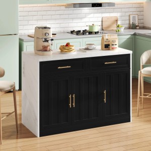 okwish Kücheninsel mit Steckdosen USB Anschlüssen Verstellbare Einlegeböden 120x60x91cm Schwarz