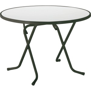 Runder, anthrazitfarbener Klapptisch von Best mit weißer Tischplatte, ideal für den Garten.