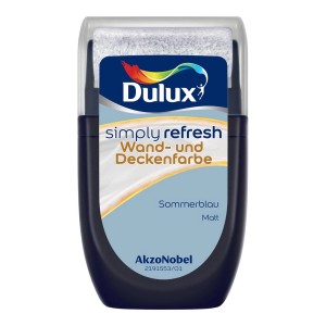 Dulux Simply Refresh Tester Sommerblau, matte Wandfarbe mit integrierter Mini-Rolle.