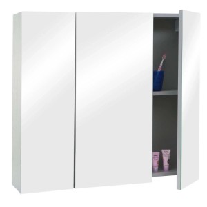 MCW Spiegelschrank B19b, grau, mit sechs Regalböden und geöffneter Tür.