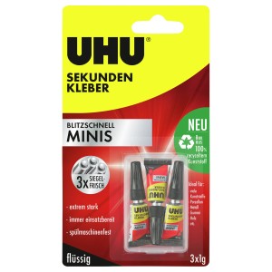 Uhu Sekundenkleber Blitzschnell Minis Flüssig 3 x 1 g mit Aufbewahrungsbox