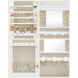 Weißer Songmics Schmuckschrank Aileas zur Wandmontage mit Spiegel und Aufbewahrung für Ohrringe, Ketten und Ringe.