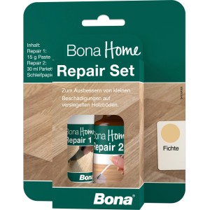 Bona Home Repair Set Fichte für Holzböden: Reparaturpaste, Lack, Pinsel und Schleifpapier im Set.