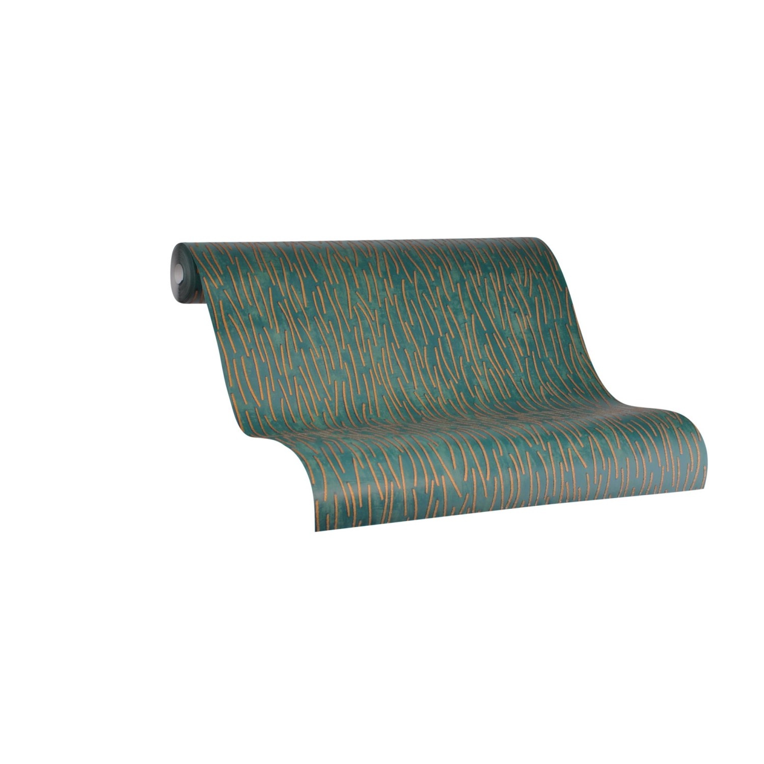 Marburg Vliestapete Memento in Grün mit Streifenmuster, Rolle teilweise abgerollt.