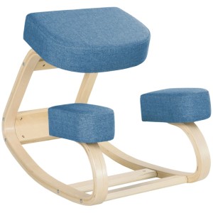 Ergonomischer Kniestuhl in Blau mit hellem Birkenholzgestell, gepolsterter Sitzfläche und Kniepolstern.