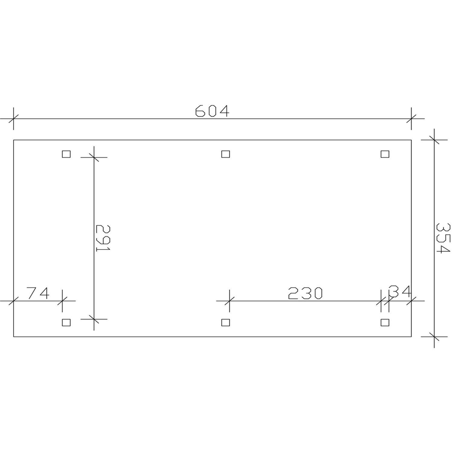 Technische Zeichnung des Skan Holz Carport Emsland, 354 x 604 cm, Nussbaum, mit Maßangaben.